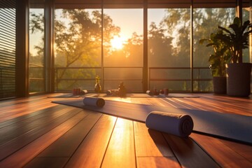 An empty yoga room, the setting sun creates a warm light that fills the space with a cozy...