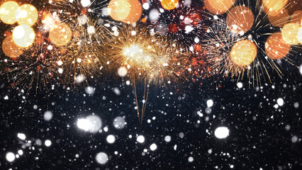 Amazing golden fireworks with snow on the starry sky with a yellow bokeh light.  New Year 2024 and...