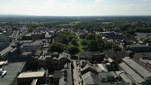 Preston, Lancashire, UK, September 06, 2023; high aspect aerial view over historical Winckley Square and the town cityscape of Preston, Lancashire, England