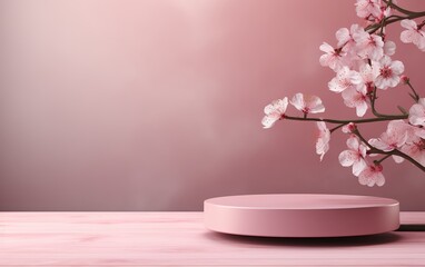 Obraz na płótnie Canvas Elegant Podium for Product Display with Zen Cherry Blossom Background