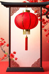 Abstract oriental background. Chinese new year card in red with hanging lanterns, greeting card template.