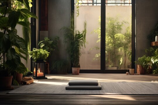 Without visitors, the yoga room remains quiet and empty, the absence of activity contributing to a calm and peaceful atmosphere, especially as the last light of the day illuminates the space.
