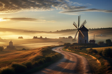 windmill in sunset - obrazy, fototapety, plakaty