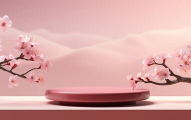 Elegant Podium for Product Display with Zen Cherry Blossom Background