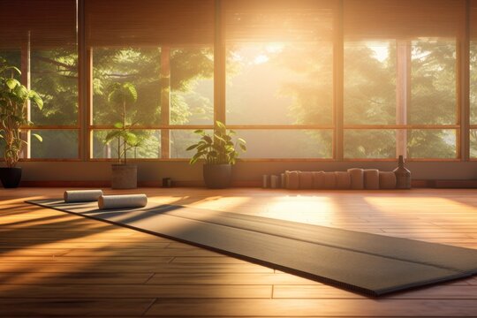 An empty yoga room, the setting sun creates a warm light that fills the space with a cozy atmosphere, expanding the room into a vast open space.