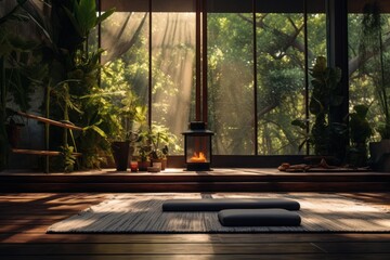Mats lie on the floor of a quiet yoga room, surrounded by muted background sounds, fostering a sense of tranquility in the spacious open room during the sunset. - obrazy, fototapety, plakaty