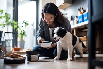 A cheerful young woman feeding her adorable puppy in a home kitchen, showcasing the joy and bond...