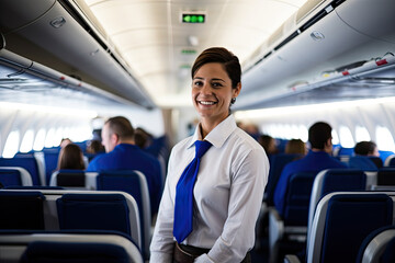 A smiling stewardess in a stylish uniform inside an airplane, ready to provide safety instructions to passengers.