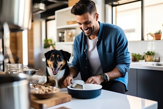Caucasian man and adorable dog share morning in the kitchen. Emotional connection, best friends enjoying breakfast.