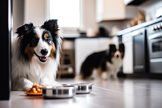 An adorable puppy, eagerly sitting in the kitchen, ready for a meal from its dog bowl.