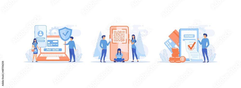 Poster online payment and wallet. people scanning qr code using mobile smart phone for online shopping and 