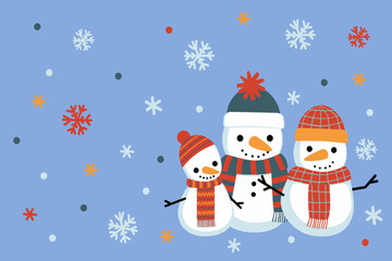 Snowman family mom, dad and child. Cute Christmas vector greeting card. Snow and snowflakes on a blue background.