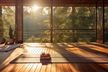 Without visitors, the yoga room remains quiet and empty, the absence of activity contributing to a calm and peaceful atmosphere, especially as the last light of the day illuminates the space.