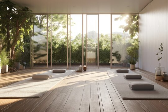An empty yoga room, the setting sun creates a warm light that fills the space with a cozy atmosphere, expanding the room into a vast open space.