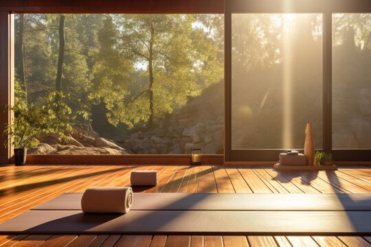 An empty yoga room, the setting sun creates a warm light that fills the space with a cozy atmosphere, expanding the room into a vast open space.