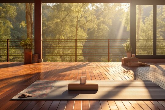 An empty yoga room, the setting sun creates a warm light that fills the space with a cozy atmosphere, expanding the room into a vast open space.