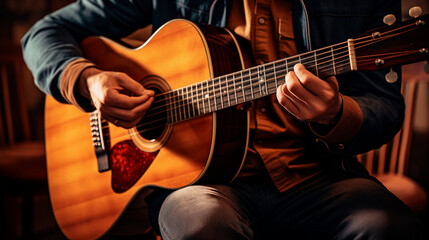 Obraz na płótnie Canvas Wooden Elegance: Close-up of an Acoustic Guitar Performance