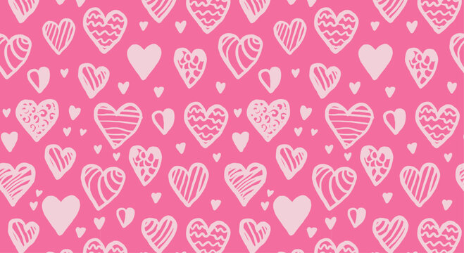Pink hand drawn hearts seamless pattern. Valentine's Day romantic vector wallpaper for printing or packaging. 
