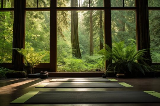 Without visitors, the yoga room remains quiet and empty, the absence of activity contributing to a calm and peaceful atmosphere, especially as the last light of the day illuminates the space.