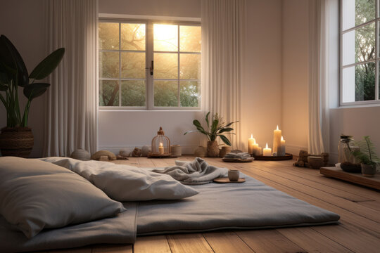 Mats lie on the floor of a quiet yoga room, surrounded by muted background sounds, fostering a sense of tranquility in the spacious open room during the sunset.