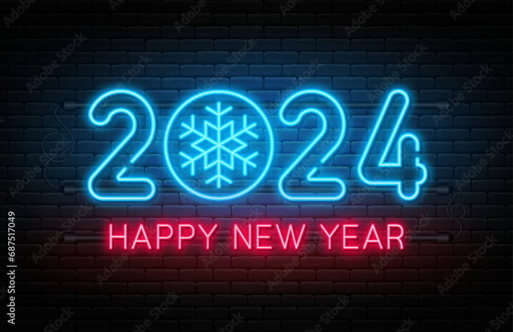Aufkleber happy new year 2024. new year 2024 and christmas neon signboard with glowing text, snowflake and num