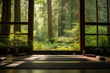 An empty yoga room, the setting sun creates a warm light that fills the space with a cozy atmosphere, expanding the room into a vast open space.