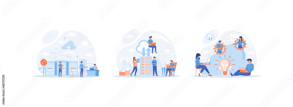 Poster cloud computing, business technology, online collaboration. cloud computing set flat vector modern i