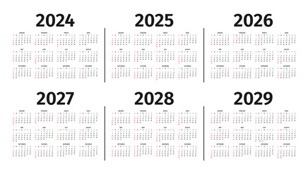 Calendar for 2024 to 2029 year. Calendar template, layout in black and white colors. Annual 2024 to 2029 calendar mockup on white background. Week starts on Sunday. Vector
