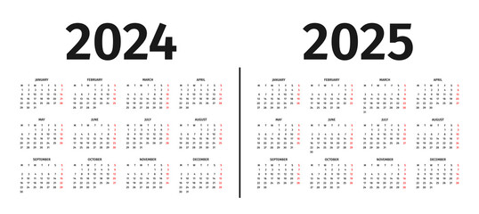 Calendar for 2024 and 2025 year. Calendar template, layout in black and white colors. Annual 2024 and 2025 calendar mockup on white background. Week starts on Monday. Vector