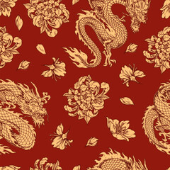 Japanese dragons seamless pattern colorful