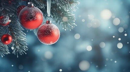Festive Winter Holidays: Christmas and New Year Concept with Balls on Snowy Fir Branches