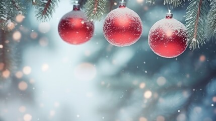 Obraz na płótnie Canvas Festive Winter Holidays: Christmas and New Year Concept with Balls on Snowy Fir Branches