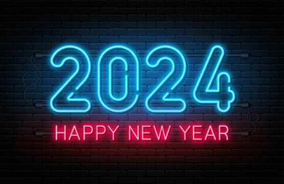 Happy New Year 2024. New Year 2024 and Christmas neon signboard with glowing text and numbers. Neon light effect for background, web banner, poster and greeting card. Vector