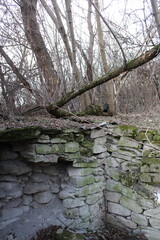A stone wall with moss growing on it