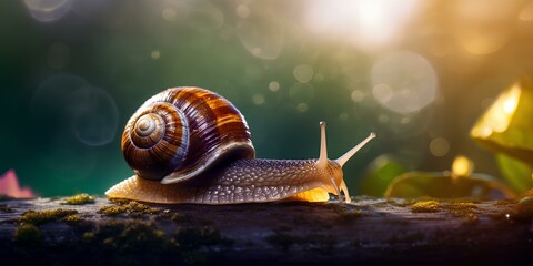 Snail crawling along a tree trunk in the forest. - obrazy, fototapety, plakaty