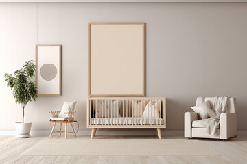 Mock up of a vertical frame in a minimalist and modern nursery with neutral colors and wooden accents