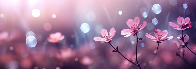 Pink and purple flowers in the garden on the background of nature, floral banner.