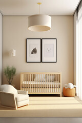 A mock up of 2 frames in a Modern nursery room with wooden crib