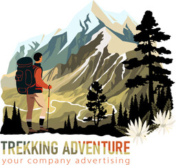 Man in mountains looking on snowy peaks. Landscape for trekking, travelling or hiking advertising. Flat style vector illustration