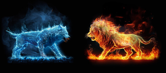 The northern wolf of their blue cold energy against the fiery lion from the element of fire, art illustration