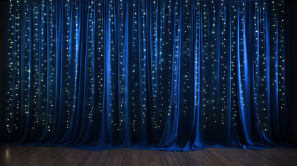 Christmas lights strings curtain decorative backdrop with dark blue curtain