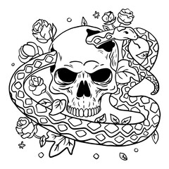 Vector isolated one skull with snake line drawing, black on white, Trendy design to print. Poster, tattoo idea, t-shirt print, sticker, logo design template