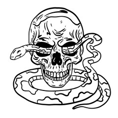Hand drawn Skulls with snake. Trendy isolated vector illustration. Vintage style. Trendy design to print. Poster, tattoo idea, t-shirt print, sticker, logo design template
