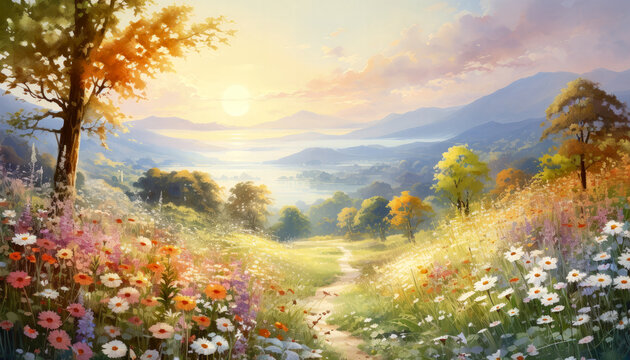 Sunny Meadow Bliss: Joyful Watercolor Landscape