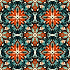Nordic Christmas folk taspetry seamless floral pattern with red blue, Scandinavian motif on a dark background