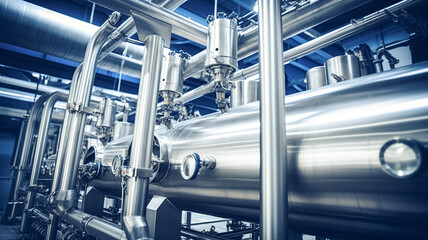 Pipes stainless steel brewing equipment, large reservoirs or tanks in modern beer factory. Brewery production concept.