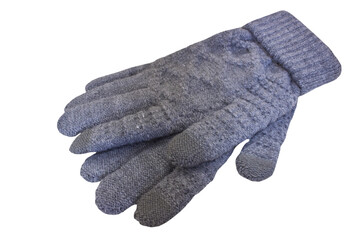 a pair of gray gloves on a white background, lie winter woolen gloves isolated on a white background