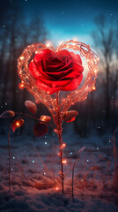 red heart-shaped rose shines in a cold evening air, romantic christmas poster