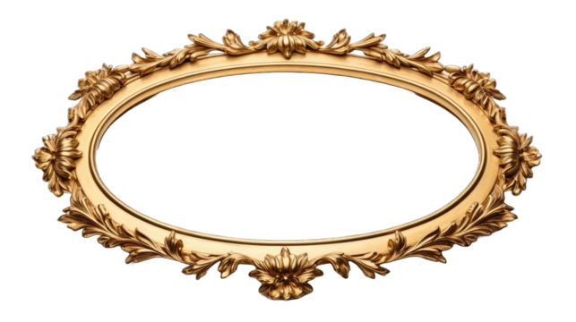 Antique round oval gold picture frame isolated on transparent background, Old golden baroque style round frame mock up for painting, art, wall art, artwork, photo, image, picture