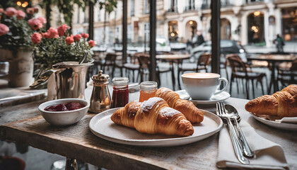 Petit déjeuner continental sur une terrasse de bistro parisien.